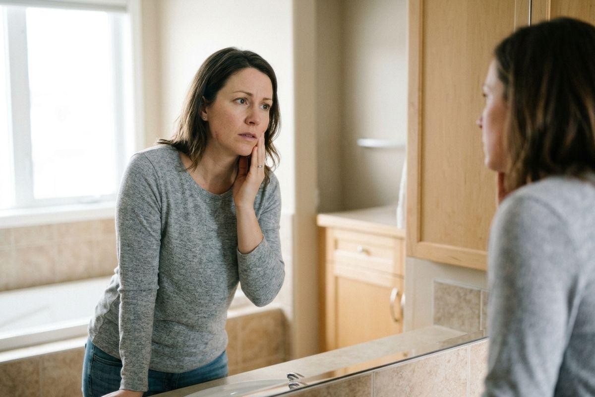 Adult holding hand to cheek with a concerned expression, examining their face in a bathroom mirror.