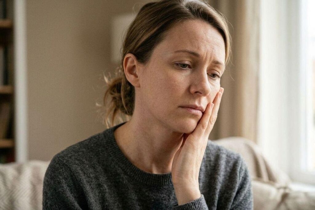 Adult sitting indoors holding one hand against their cheek, looking downward with a worried expression.