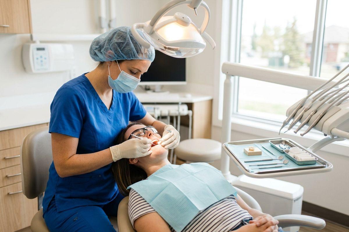 Dentist examines a reclined patient's teeth using instruments, with a tray of tools beside them.
