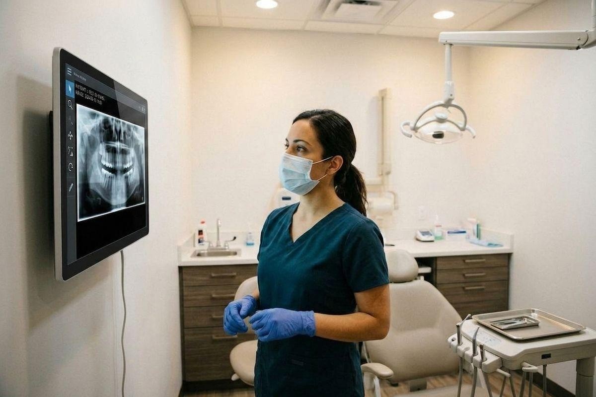Dentist reviewing a panoramic dental X-ray on a wall-mounted screen in a clinic, wearing scrubs, mask, and gloves.