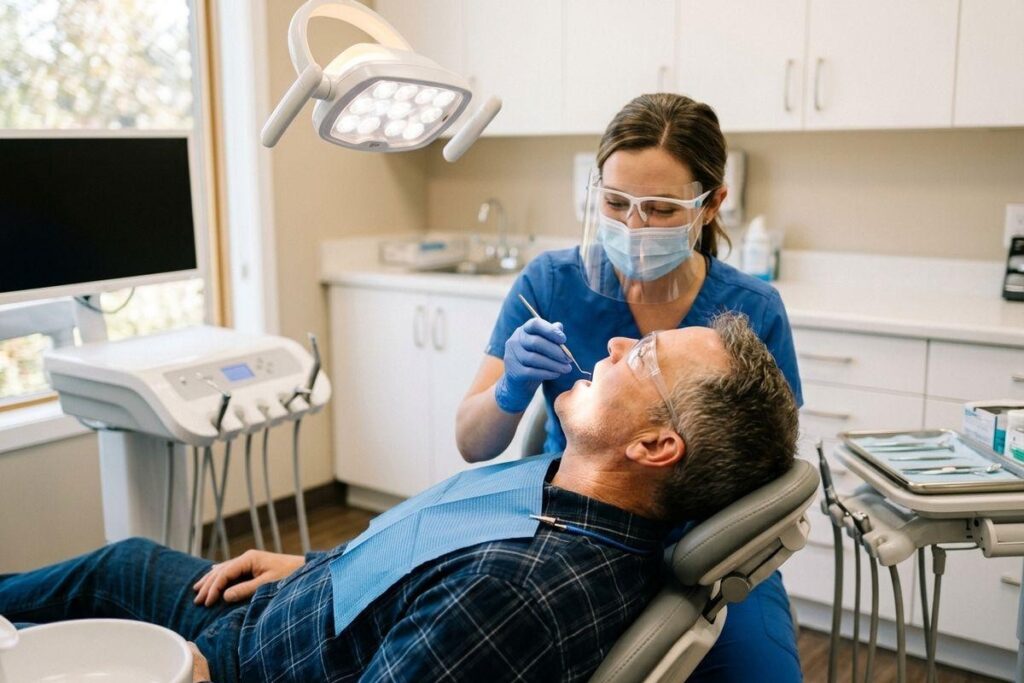 Dentist wearing a face shield and mask examines an adult patient reclined in a dental chair under a bright overhead light.