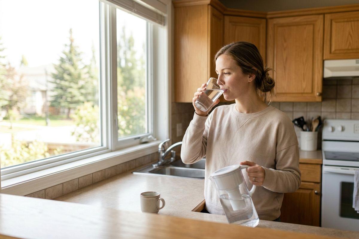 Person drinking a glass of water in a kitchen, holding a water filter pitcher, looking out the window.