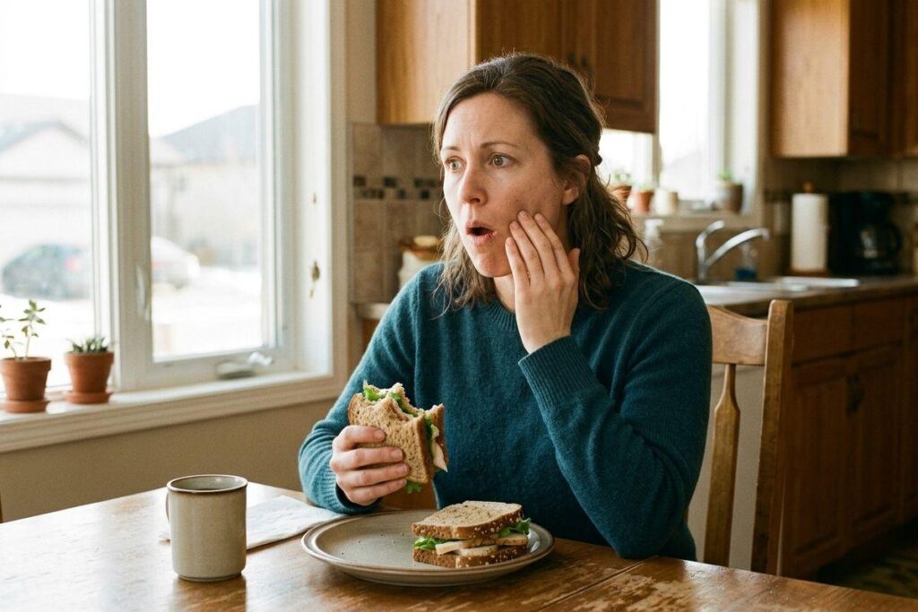 Person holding a sandwich at a kitchen table, touching their cheek with a pained expression.