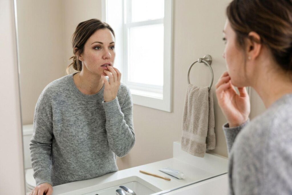 Person in gray sweater touching their lip while looking in a bathroom mirror.