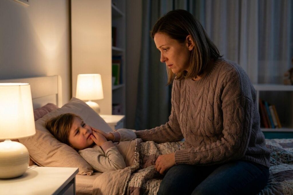 Concerned adult sits by a child lying in bed, gently touching the child's cheek in a lamplit bedroom at night.