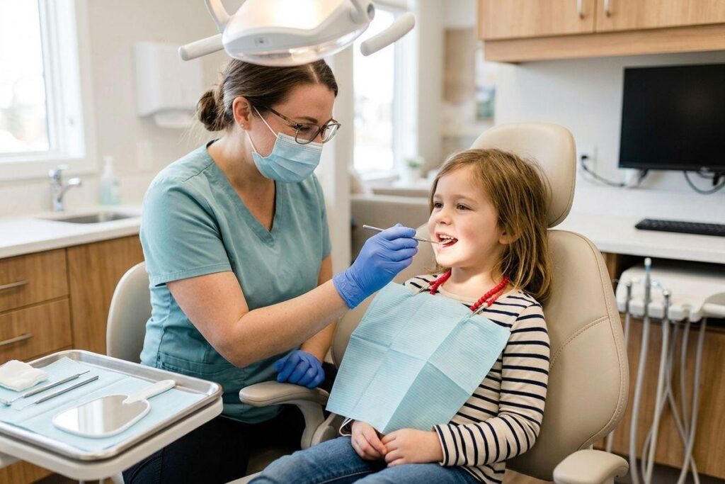 Dentist examining a child's teeth with a mirror tool in a dental clinic chair, child sitting with mouth open.