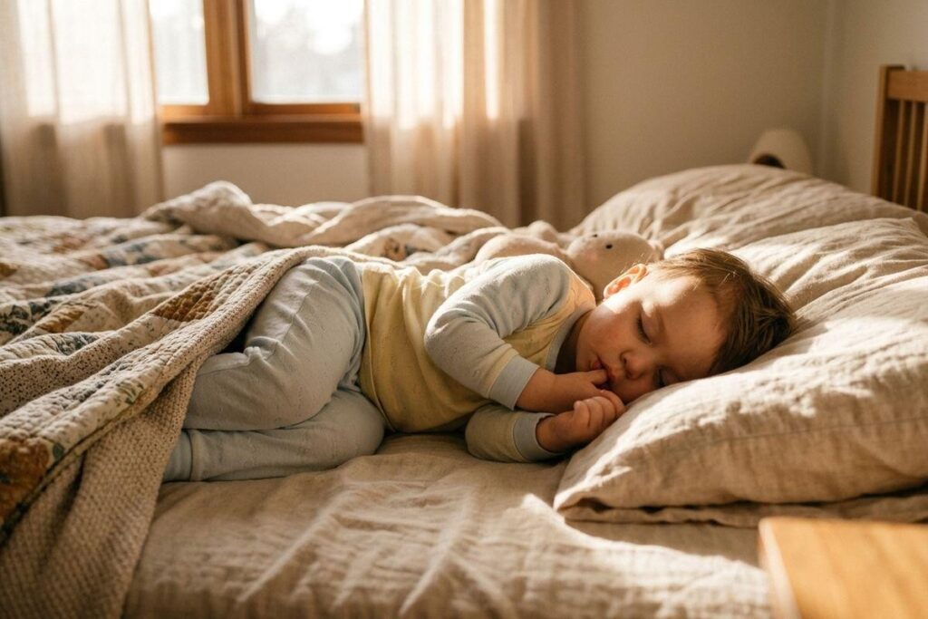 Young child sleeping curled up on a bed, sunlight streaming through a nearby window.