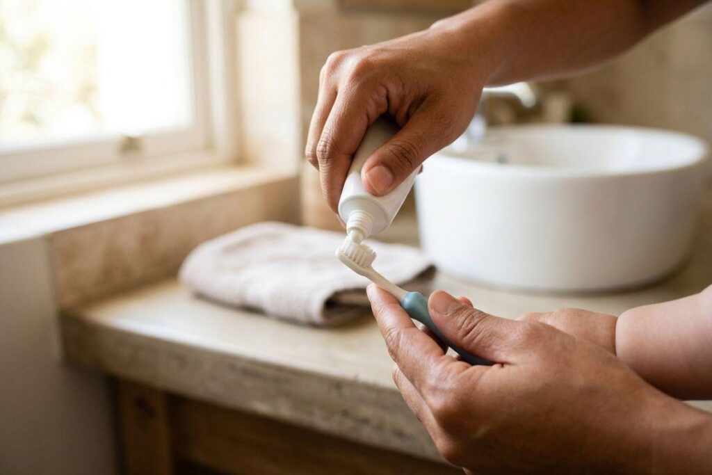 Close-up of hands squeezing toothpaste onto a toothbrush at a bathroom sink.