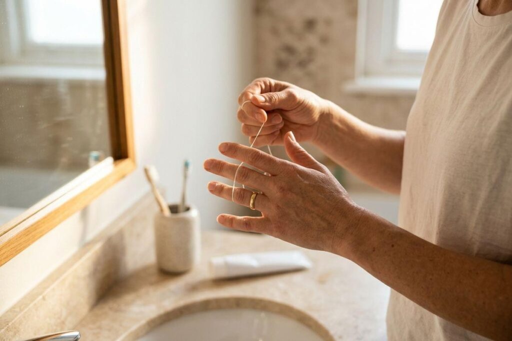 Adult flossing their teeth while standing at a bathroom sink and mirror.