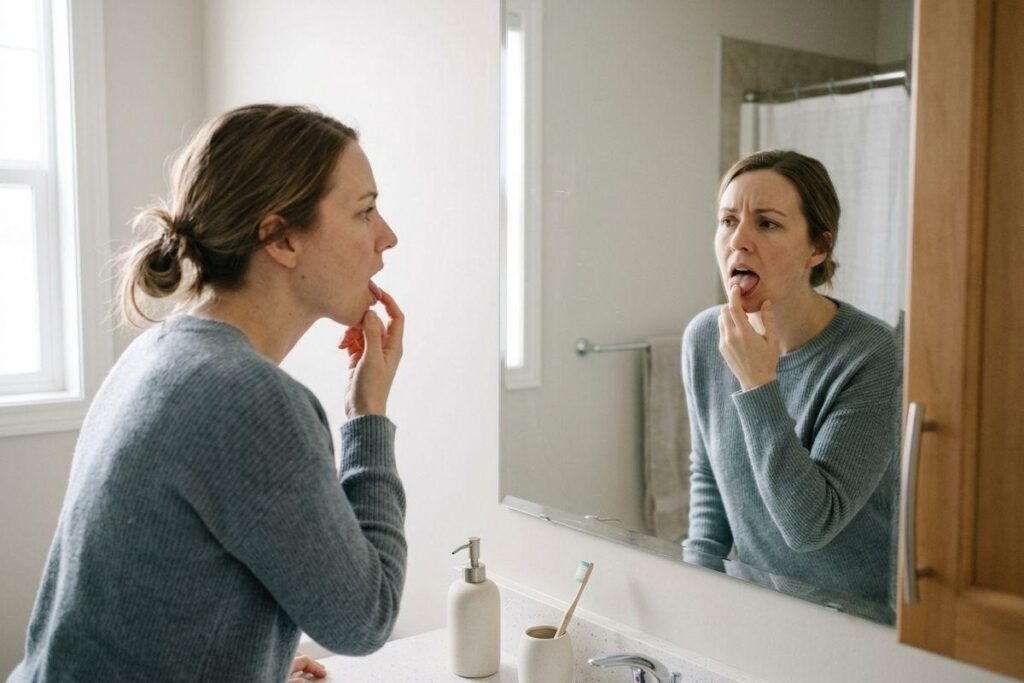 Adult in a bathroom sticking out their tongue and pulling their chin while examining their mouth in the mirror, looking concerned.