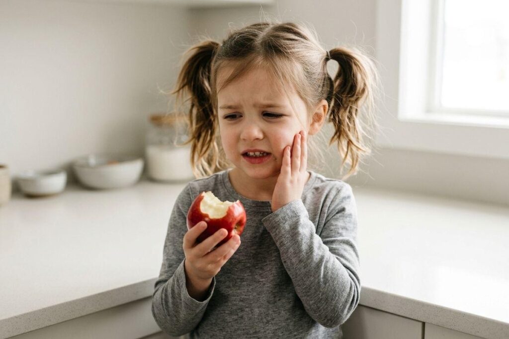 Child holding a bitten red apple and pressing a hand to one cheek, wincing, in a bright kitchen.