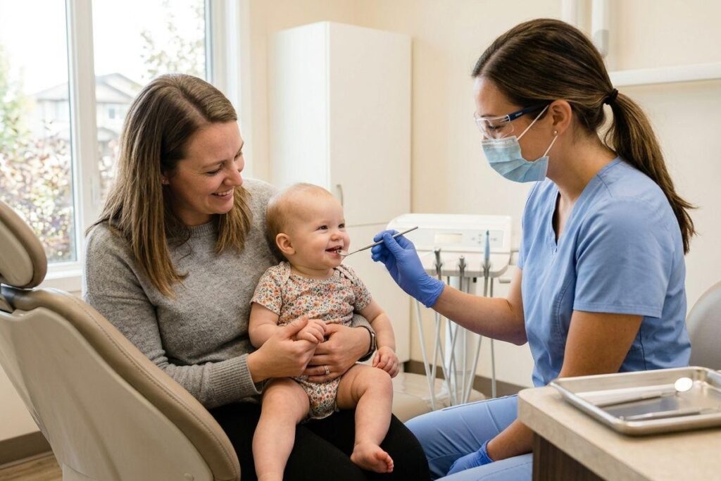 Dentist in mask and gloves examines a smiling baby's teeth with a dental instrument as the baby sits on an adult's lap in a dental chair.